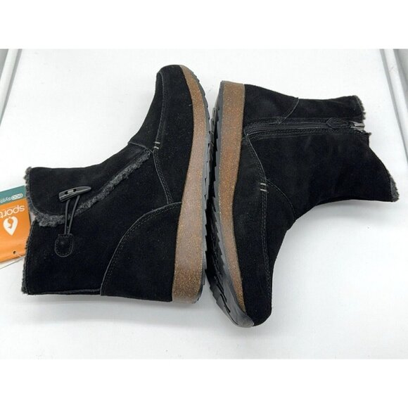 Sporto Womens Suede Bootie Shoes Black w Faux Fur Toggle Accent Side Zip Cork 9W - Picture 2 of 10